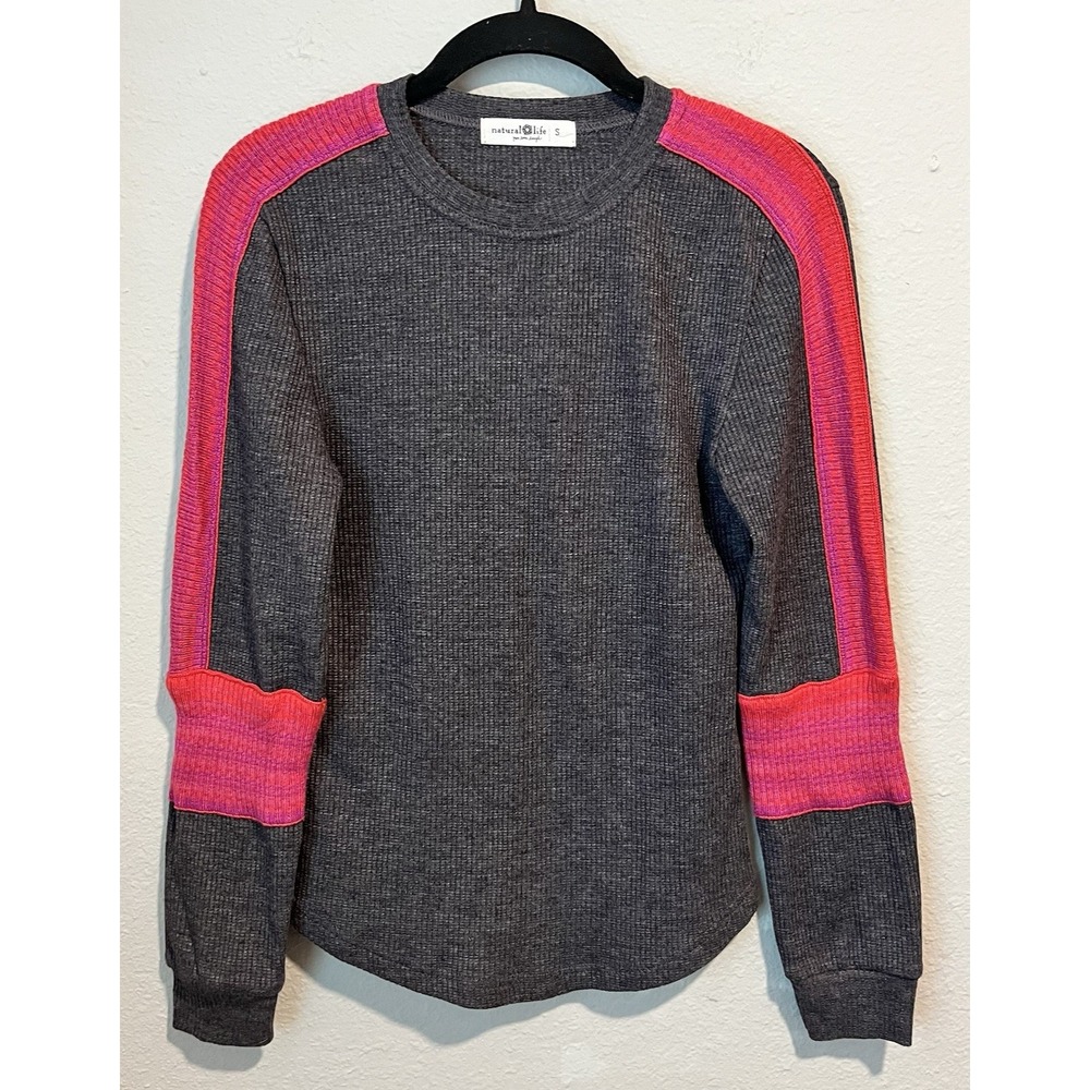 Natural Life Women's Sweater Small Gray Pink Thermal Long Sleeve Top Boho